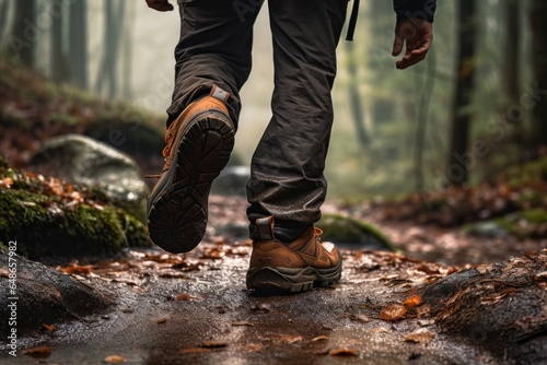 A person is walking along a trail in the woods. This image can be used to depict nature, hiking, outdoor activities, or solitude in nature.