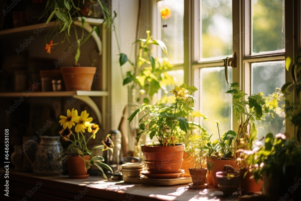 A window sill filled with an abundance of potted plants. Perfect for adding a touch of greenery and natural beauty to any space.