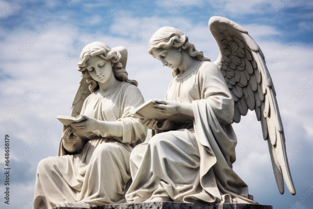 A statue depicting two angels engrossed in reading a book. This beautiful sculpture can add an elegant touch to any setting. A statue depicting two angels engrossed in reading a book. This beautiful sculpture can add an elegant touch to any setting.