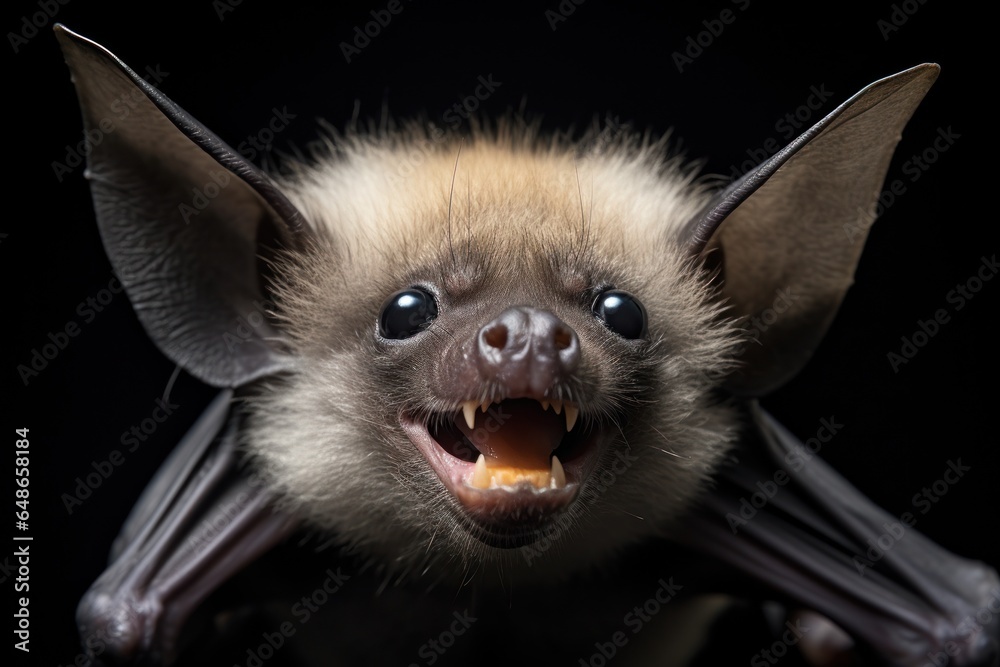 A close-up view of a bat with its mouth open, showing its sharp teeth