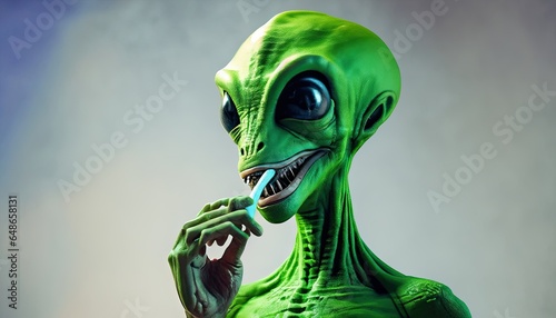 Green Alien Brushing teeth (AI Generated)
