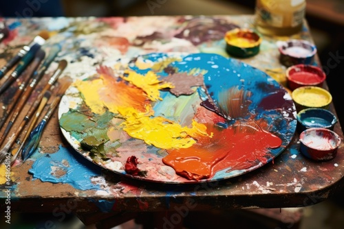 A close-up view of a paint palette placed on a table. This image can be used for art and craft projects or in art-related articles.