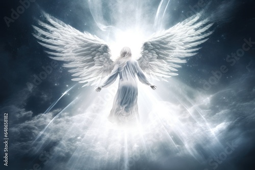 A white angel gracefully soaring through a cloudy sky. Perfect for adding a touch of ethereal beauty to any project.