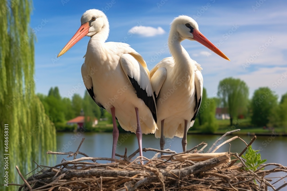 Fototapeta premium Two white birds standing on top of a nest. Suitable for nature and wildlife concepts.