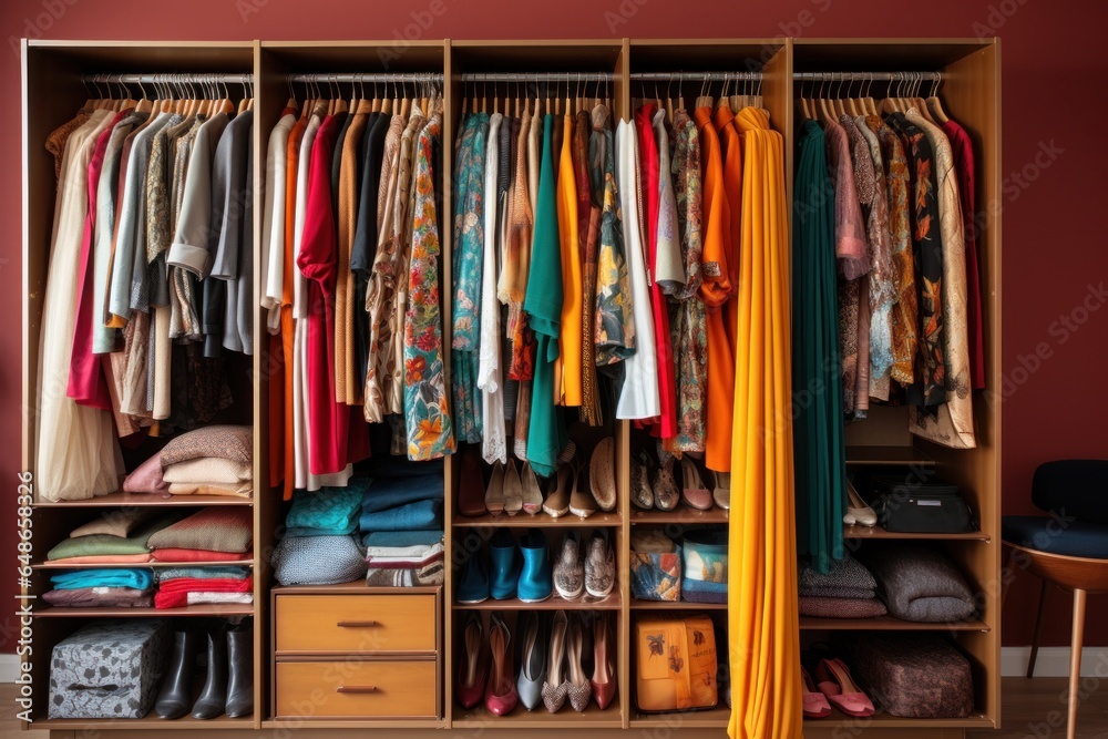 A closet filled with lots of colorful clothes. This image can be used to depict a vibrant wardrobe or to illustrate fashion and style.