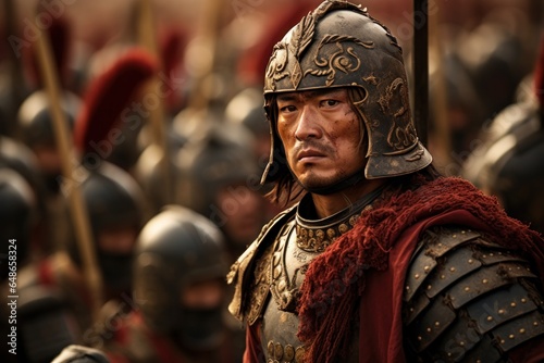 A man wearing a helmet and armor stands in front of a group of other men. This image can be used to depict bravery, leadership, or historical reenactments.
