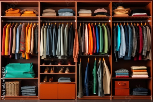 A closet filled with a wide variety of different colored shirts. This image can be used to showcase a diverse wardrobe or to represent fashion and style choices.
