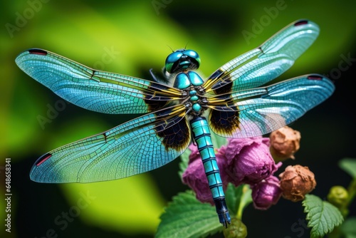 A blue dragonfly perched gracefully on top of a vibrant pink flower. This image captures the delicate beauty of nature. Ideal for nature enthusiasts and garden lovers. © Fotograf