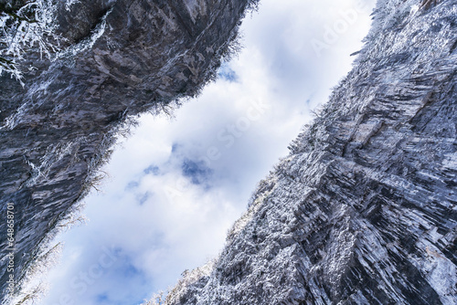 Beautiful winter landscape of Yupsharsky Canyon panorama and snow-covered trees. Great natural background with copy space for your design. photo