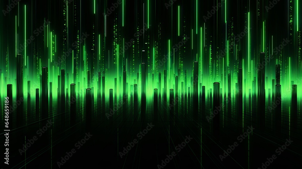 Green shiny neon coloured vertical lines with an abstract skyscraper's cityscape in the background. Made with Generative AI.