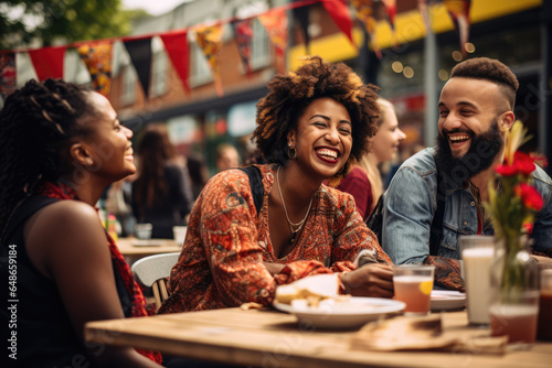 People of different cultures sharing a meal at a multicultural urban food festival. Generative Ai.