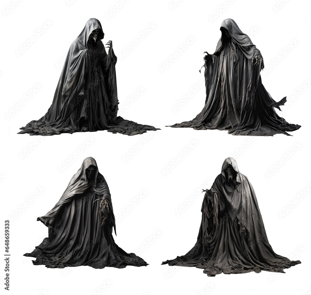 Set of isolated figures of death in the dark gray hooded cloak with hooked fingers huge nails and a skull instead of the head. Halloween Set of isolated figures of death in the dark gray hooded cloak with hooked fingers huge nails and a skull instead of the head. Halloween