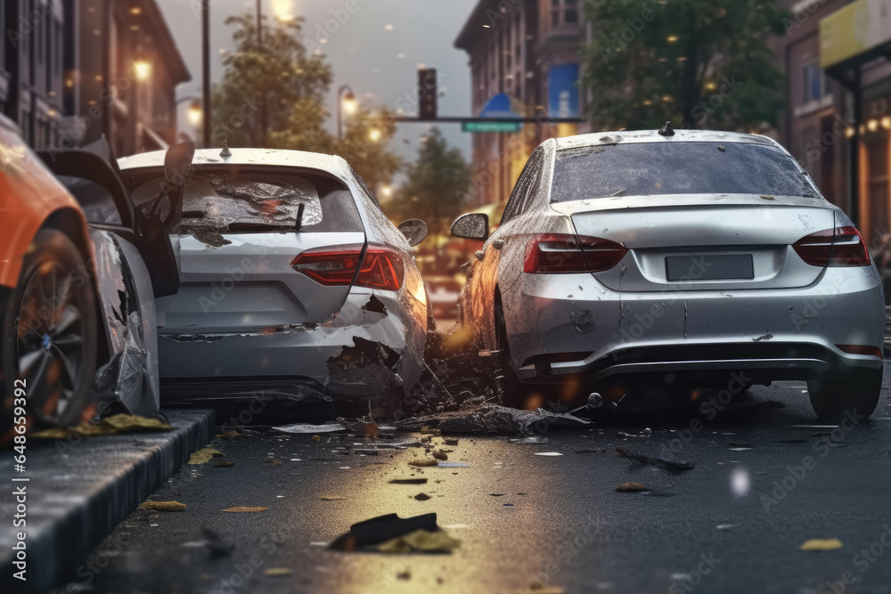 Traffic collision of cars on the street. Destroyed and broken cars after road collision, insurance concept. Generative AI.