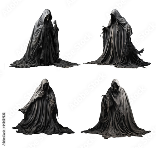 Set of isolated figures of death in the dark gray hooded cloak with hooked fingers huge nails and a skull instead of the head. Halloween photo
