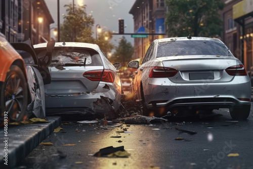 Traffic collision of cars on the street. Destroyed and broken cars after road collision, insurance concept. Generative AI. © Sebastian