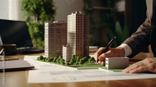 concept 3d render miniature model maquette of small skyscraper building and park on table in real estate agency. signing mortgage contract document demonstrating. futuristic business. Generative AI