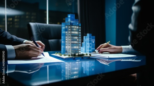 concept holo blue 3d render miniature model maquette of small skyscraper building on table in real estate agency. signing mortgage contract document demonstrating. futuristic business. Generative AI photo