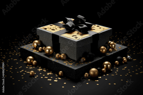 Visualize a gift box adorned with gold decorations and confetti against a black background, adding a touch of elegance and excitement to any gift-giving occasion. Generative AI.