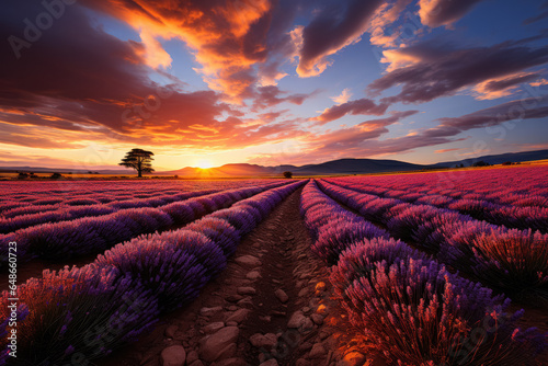 Vast expanses of lavender fields stretching as far as the eye can see, creating a breathtaking purple landscape. Generative AI.