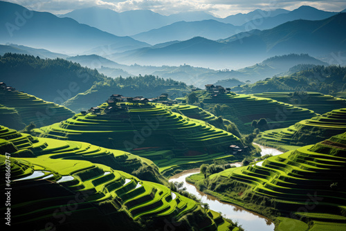 Rice fields meticulously cultivated by farmers, creating a captivating patchwork of vibrant greens.  Generative AI.