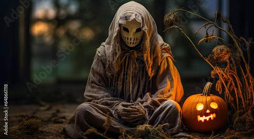 Scary scarecrow with burning pumpkin head on night cornfield. Spooky Halloween holiday concept. Halloweens background. Halloween Party card or banner.  photo