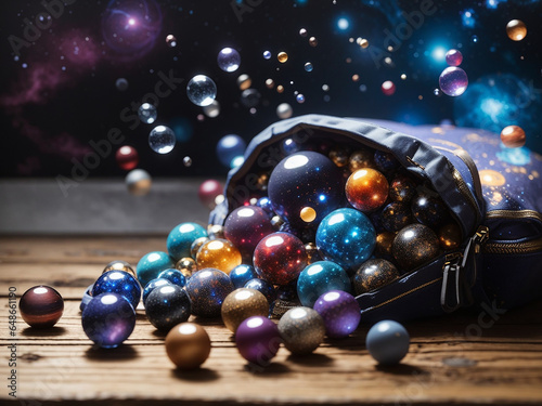 Colorful orbs in a pouch depicting the illusion of the universe - AI Generative