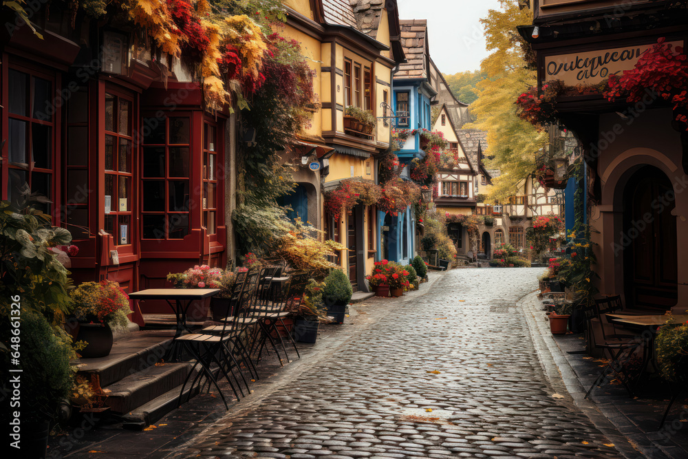A quaint European street lined with charming houses and colorful flower boxes. Generative AI.