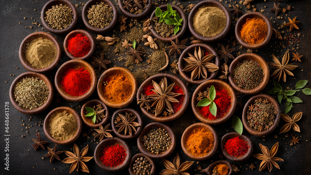 Dry spices in wooden bowls on an old background