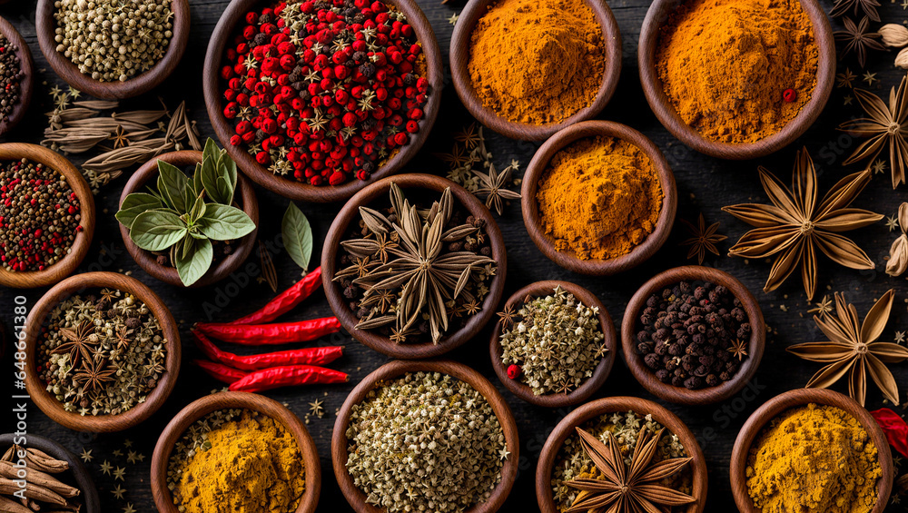 Dry spices in wooden bowls on an old background