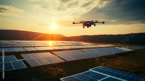 drone flying over photovoltaics, view of the drone,aspect ratio 16:9