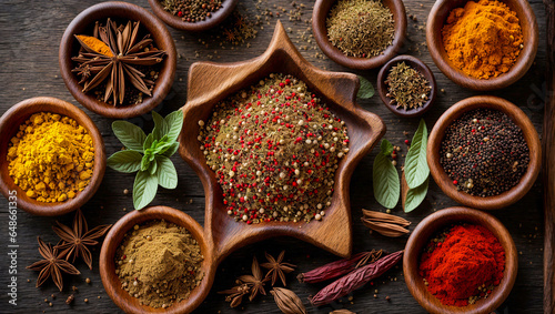 Dry spices in wooden bowls on an old background