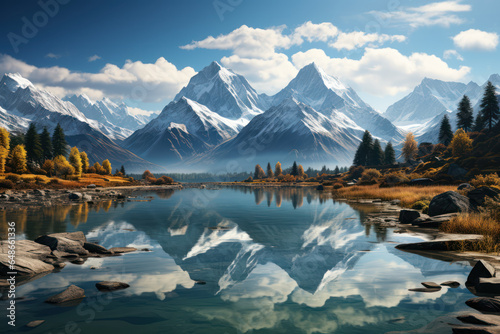 A serene lake reflecting the image of a majestic mountain range in the distance. Generative AI.