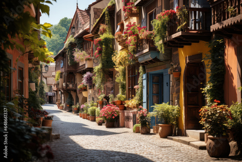 A quaint European street lined with charming houses and colorful flower boxes. Generative AI. © Sebastian