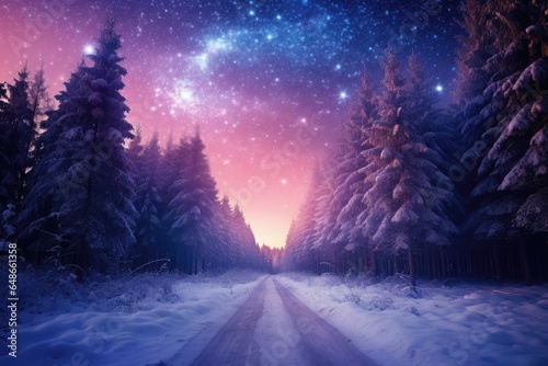 Winter night landscape. Forest, trees and road covered snow. Winterly evening with first stars. Purple landscape with sunset. Happy New Year and Christmas concept © ratatosk