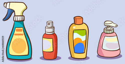 Perfume fragrance bottle, hair spray can, liquid soap,Cleaning spray bottle isolated.