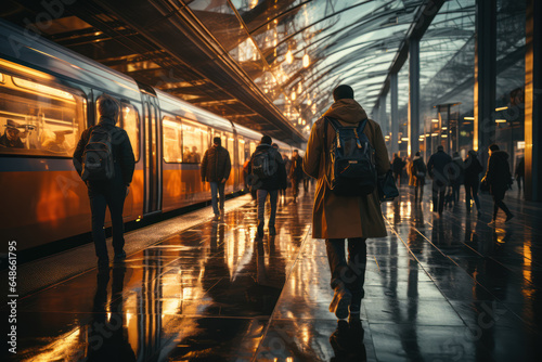 A bustling train station with people rushing to catch their trains, leaving trails of motion blur. Generative AI.