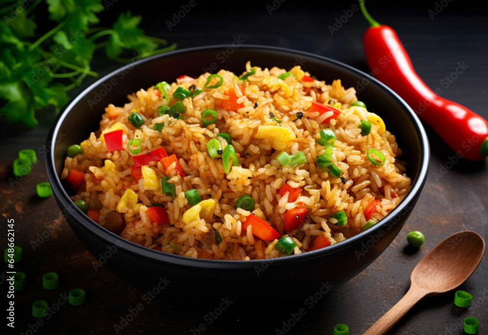 Fried rice with vegetables in a black bowl Asian food, generative ai