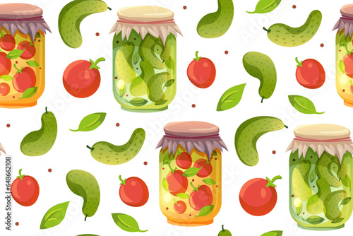 Glass jars with preserved food seamless Pattern. Cucumbers and tomato vector flat illustration. Pattern for packaging or textile design. Harvest.