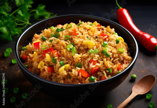 Fried rice with vegetables in a black bowl Asian food, generative ai