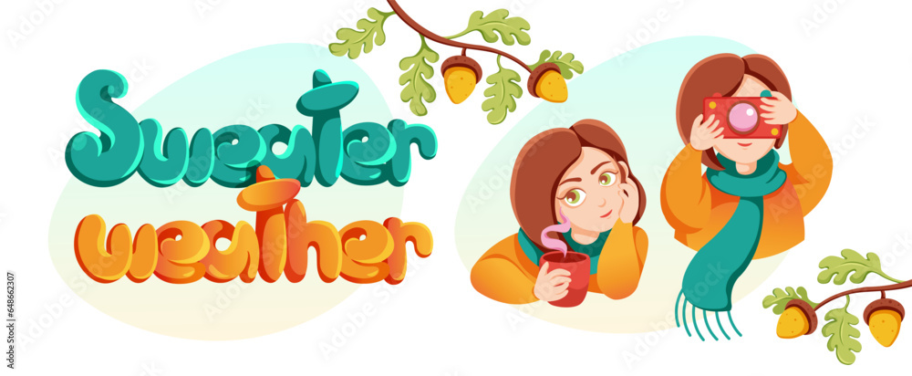 Set of cute and cozy design elements, Autumn concept. Set of cute and cozy design elements, Autumn concept.