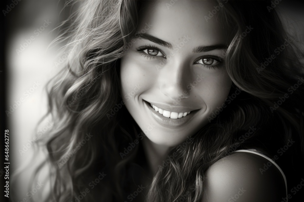A smiling woman in black and white created with Generative AI technology A smiling woman in black and white created with Generative AI technology