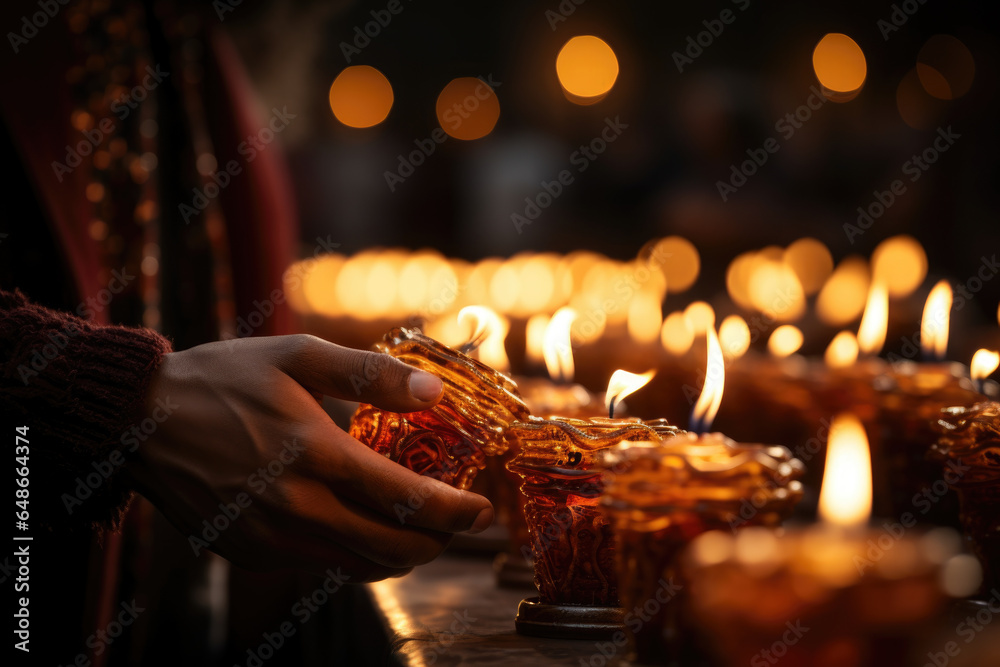 A closeup of a person's hand lighting the Rosh Hashanah candles, a