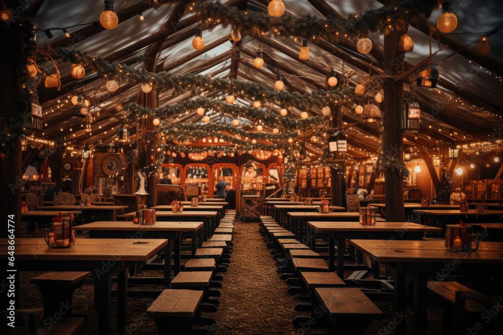 Elaborate beer tent decorations and lighting, transforming the space into a festive and welcoming environment at Oktoberfest. Generative Ai.