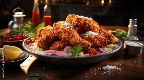 Delicious Homemade Crispy Fried Chicken Dinner with Savory Souce - Golden Crispy Perfection on Black Background 