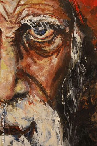 Portrait of an old depressed man. Oil painting of a dark emotional man with a colorful beard