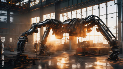 spider like futuristic robot in hangar with sunset in background. HIghly detailed and realistic high resolution concept design illustration photo