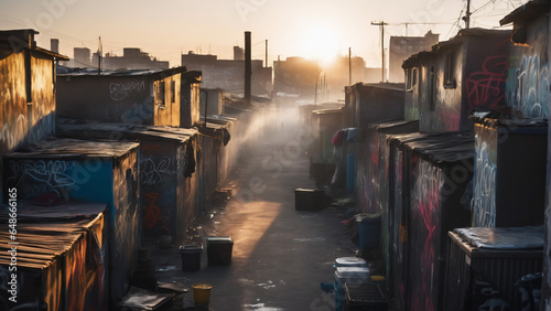 Small street in ghetto slum with graffiti on buildings and sunset in background. Extremely detailed and realistic high resolution concept design illustration