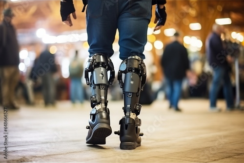 Legs of disable man in the robotic exoskeleton walking photo