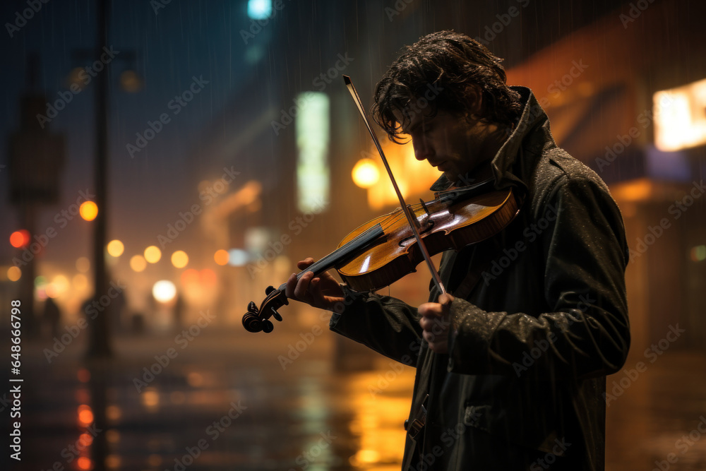 Fototapeta premium A lone violinist performing a haunting melody on a dimly lit street corner, captivating passersby. Generative Ai.