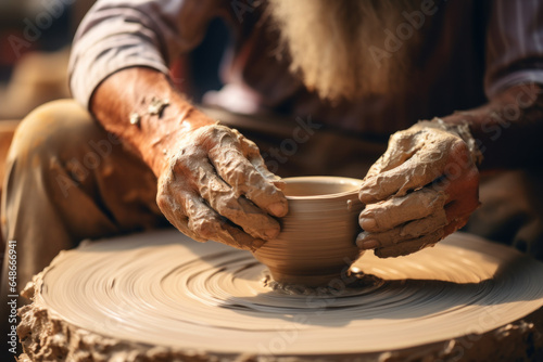 A potter shaping clay on a spinning wheel, creating elegant and functional pottery. Generative Ai.